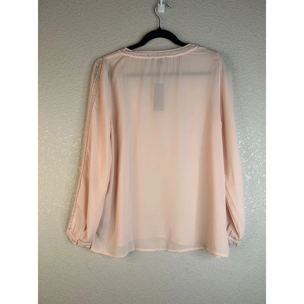 Premise Blush Pink Crochet Lace Trim Long Sleeve Chiffon Boho Top Size Medium